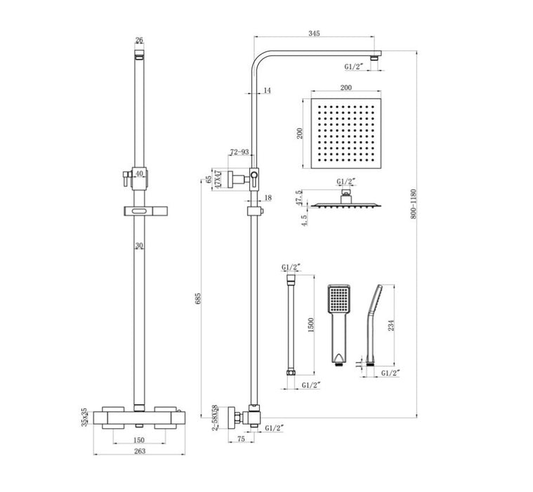 Luxury Brushed Bronze Square Thermostatic Shower with Riser Kit