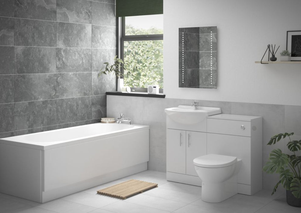 Modern Bathroom Suite including Gloss White WC Unit, Rimless WC, Vanity Unit, Bath and Chrome Fittings