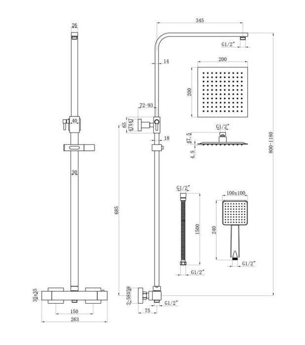 Modern Square Chrome Thermostatic Exposed Shower